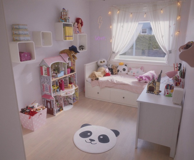 Video Reference: Room, Furniture, Product, Pink, Interior design, Bed, Bedroom, Floor, Shelf, Nursery