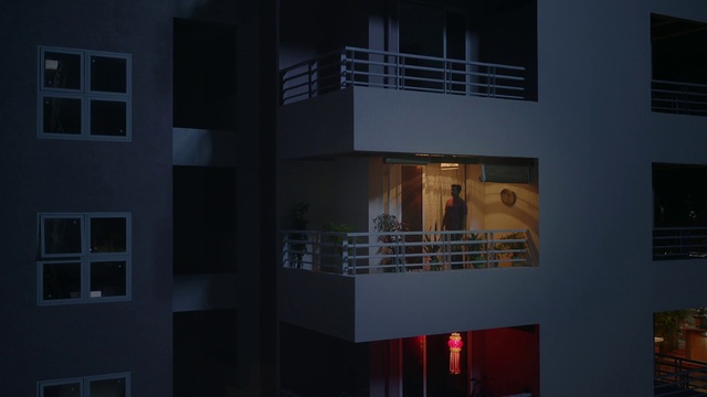 Video Reference: Light, Architecture, House, Room, Window, Building, Material property, Home, Night, Facade
