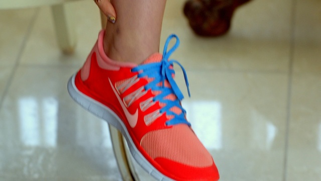 Video Reference: Footwear, Shoe, Red, Blue, Orange, Sneakers, Walking shoe, Leg, Carmine, Human leg