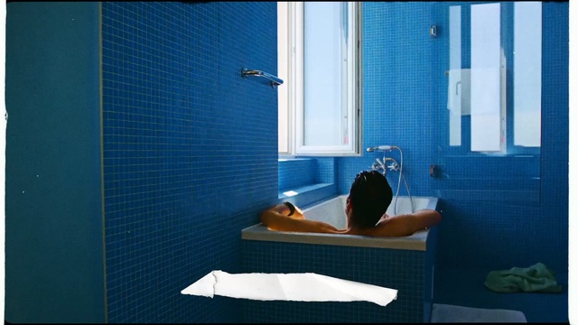 Video Reference: Blue, Room, Bathroom, Interior design, Furniture, Tile, Plumbing fixture