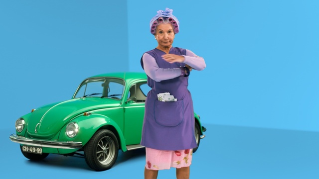 Video Reference: car, blue, green, motor vehicle, vehicle, automotive design, vintage car, volkswagen beetle, fun, vehicle door, Person