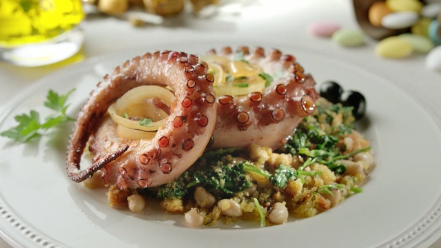 Video Reference: Dish, Food, Cuisine, Ingredient, Octopus, Produce, Meat, Garnish, À la carte food, Recipe