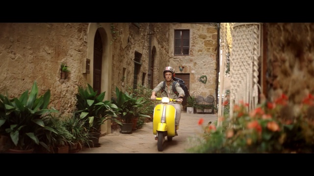 Video Reference: Mode of transport, Photograph, Yellow, Scooter, Light, Vespa, Wall, Snapshot, Vehicle, Morning, Person, Male
