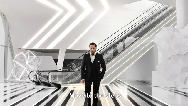 Video Reference: Escalator, Standing, Automotive design, Line, Suit, Businessperson, Architecture, Design, White-collar worker, Formal wear