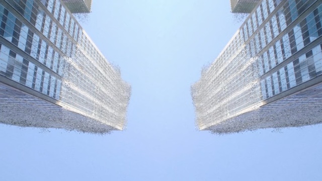 Video Reference: White, Daytime, Reflection, Architecture, Sky, Atmospheric phenomenon, Line, Water, Symmetry, Material property