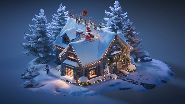 Video Reference: winter, snow, cottage, house, Christmas, holiday, Santa, reindeer, sleigh, snowman, pine trees, lights, night, fantasy, decorated, snowy landscape