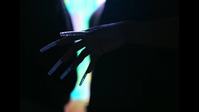 Video Reference: Blue, Light, Joint, Hand, Arm, Finger, Performance, Technology, Human body, Photography