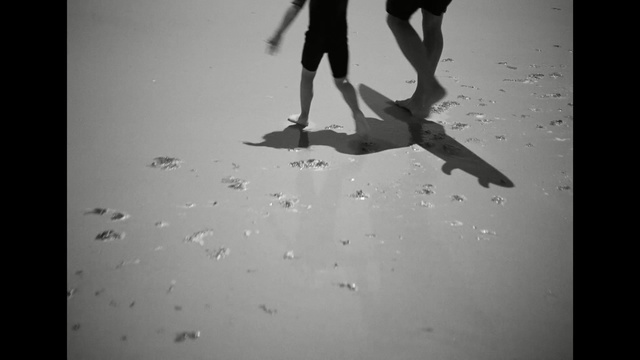 Video Reference: White, Black, Black-and-white, Water, Monochrome photography, Sky, Leg, Standing, Monochrome, Shadow, Person, Outdoor, Beach, Surfing, Woman, Holding, Man, Young, Flying, Walking, Rain, Girl, Board, Snow, Sand, Sun, Playing, Air, Footwear, Black and white, Clothing