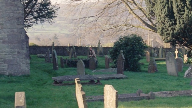 Video Reference: cemetery, tree, grave, grass, headstone, landscape, village, woodland, Person