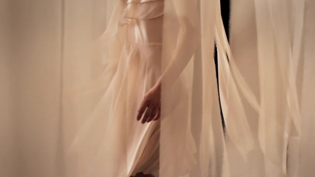 Video Reference: Clothing, Dress, Textile, Bridal accessory, Outerwear, Gown, Transparent material, Beige, Silk, Haute couture