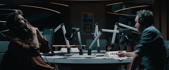 Video Reference: mic, man, two mans, friends, podcast, studio, darkness