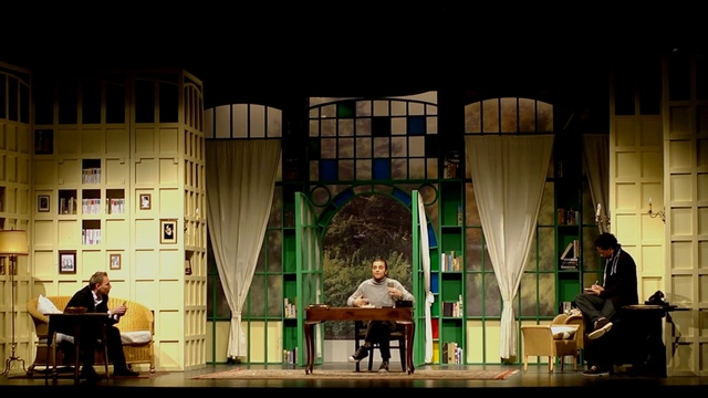 Video Reference: stage, entertainment, theatre, night, performing arts, scene, theatrical scenery, theatre, window, darkness, Person