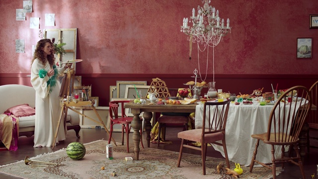 Video Reference: Green, Room, Dining room, Pink, Table, Furniture, Interior design, Tablecloth, Chair, Tableware