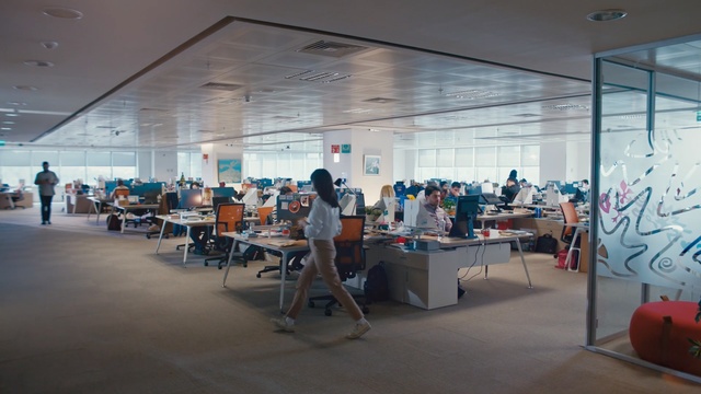 Video Reference: Building, Design, Interior design, Room, Architecture, Office, Table, Glass, Person