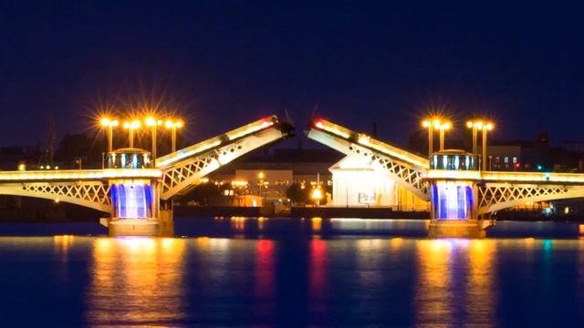Video Reference: bridge, reflection, landmark, water, night, waterway, structure, lighting, fixed link, city