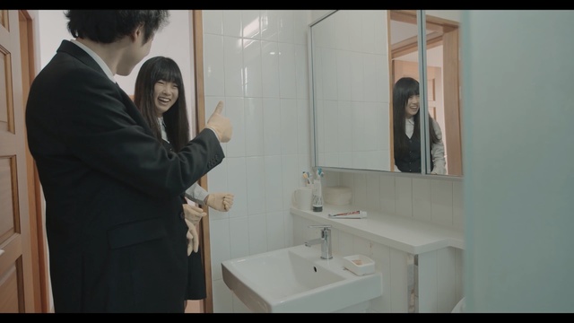 Video Reference: room, girl, plumbing fixture, bathroom, interior design, toilet, mirror, Person