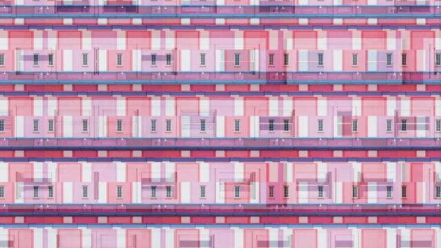 Video Reference: pink, building, architecture, facade, window, residential area, pattern, elevation, symmetry, city, Person
