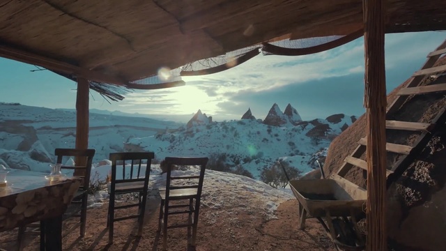 Video Reference: sky, property, mountain, landscape, screenshot, home, mountain range, cloud, house, window