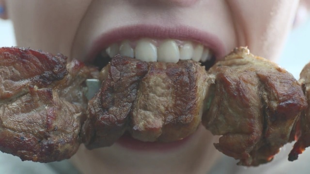 Video Reference: meat, animal source foods, flesh, jaw, Person