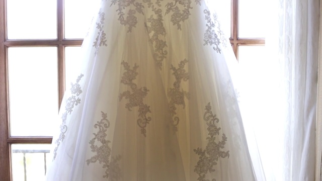 Video Reference: dress, gown, wedding dress, bridal clothing, bridal accessory, interior design, lace, bride, curtain, window treatment