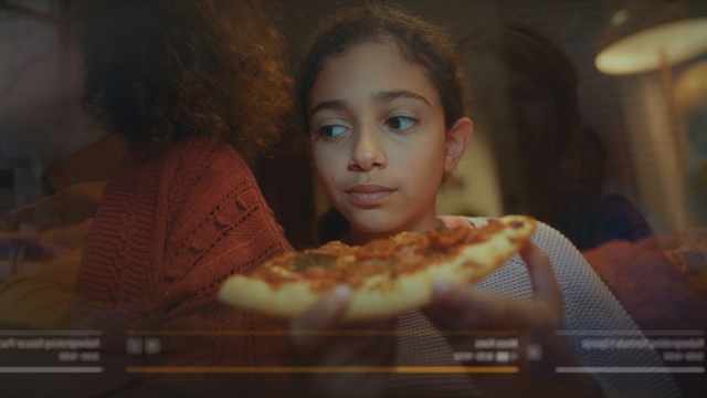 Video Reference: Face, Food, Dish, Child, Cuisine, Junk food, Fast food, Pizza, Eating, Flatbread, Person, Indoor, Slice, Table, Piece, Sitting, Young, Girl, Little, Woman, Cheese, Holding, Restaurant, Plate, Bite, Boy, Large, Close, Mouth, Sandwich, Toppings, White, Human face