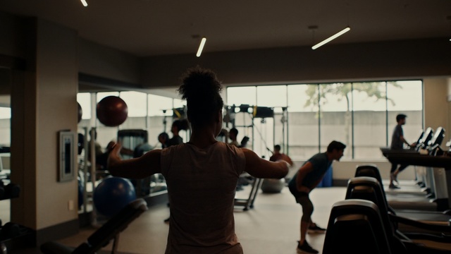 Video Reference: gym, room, structure, physical fitness, arm, sport venue, training, personal trainer, physical exercise, Person