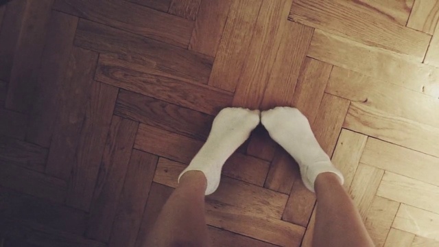 Video Reference: Wood, Leg, Floor, Joint, Flooring, Hardwood, Human leg, Indoor, Cabinet, Building, Kitchen, Room, Small, Wooden, White, Dog, Sitting, Standing, Man, Brown, Living, Large, Table, Laying, Sleeping, Oven, Legs, Feet, Sofa