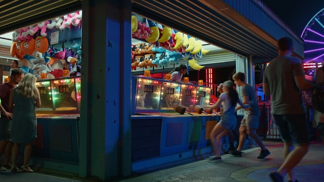 Video Reference: blue, amusement park, fair, fun, tourist attraction, technology, leisure, recreation, city, amusement ride, Person