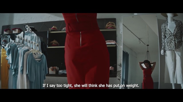 Video Reference: Clothing, Red, Dress, Fashion, Shoulder, Textile, Formal wear, Fashion design, Sleeve, Person