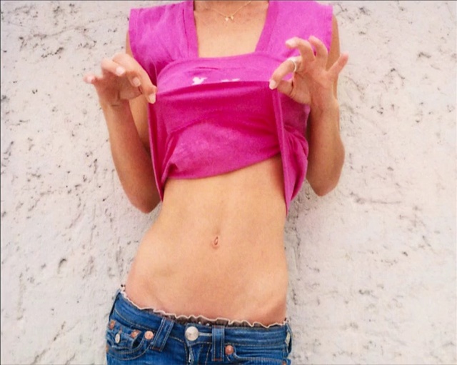 Video Reference: pink, shoulder, joint, abdomen, neck, trunk, arm, stomach, thigh, muscle, Person