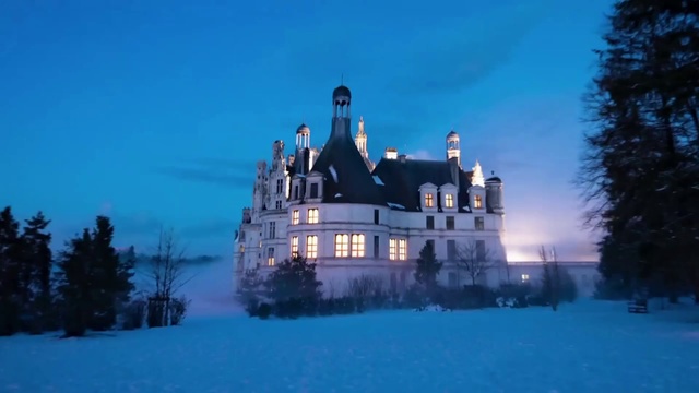 Video Reference: Winter, Snow, Landmark, Freezing, Estate, Sky, Architecture, House, Château, Mansion