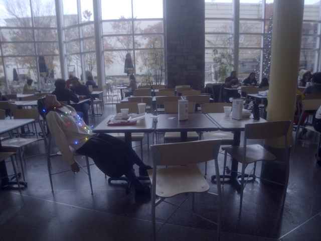 Video Reference: Building, Restaurant, Architecture, Table, Room, Office, Design, Furniture, Flooring, Interior design, Person