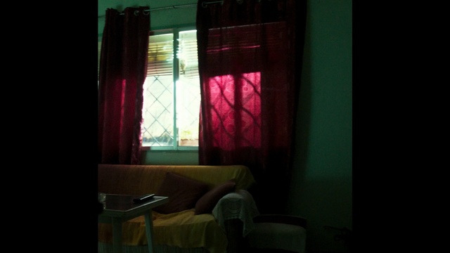 Video Reference: Green, Curtain, Window treatment, Interior design, Light, Room, Textile, Window, Lighting, Window covering