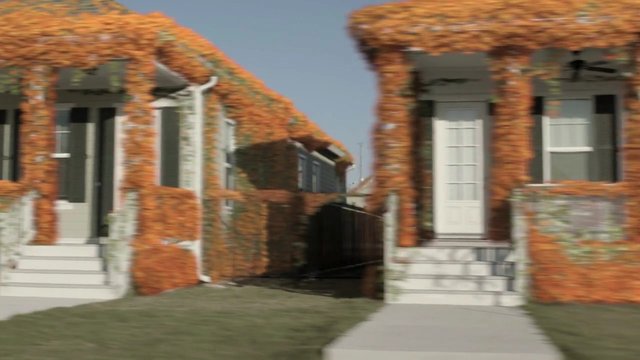 Video Reference: houses, residential, suburban, ivy, facade, front porch, street view, architecture, blurred, daylight, neighborhood, windows, steps, grass, exterior