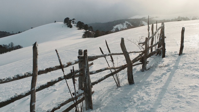 Video Reference: Snow, Winter, Freezing, Atmospheric phenomenon, Sky, Fence, Tree, Glacial landform, Mountain, Landscape