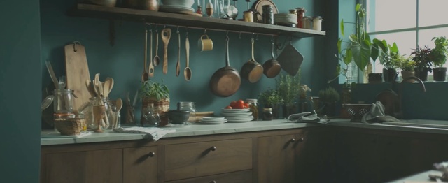 Video Reference: Room, Furniture, Shelf, Kitchen, Interior design, Home, House, Wood, Table, Cabinetry