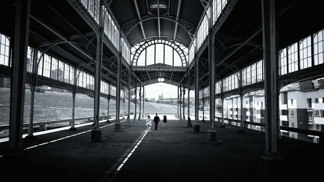 Video Reference: black and white, landmark, structure, metropolitan area, architecture, monochrome photography, light, photography, train station, monochrome