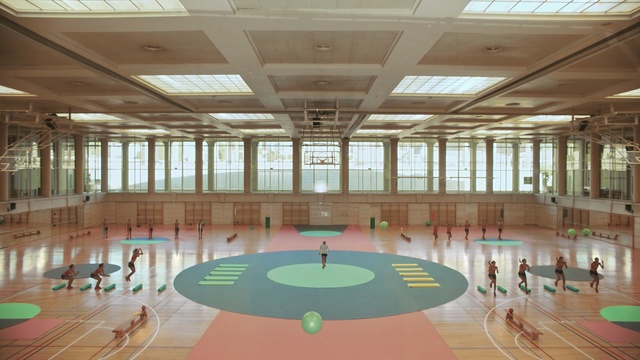 Video Reference: sport venue, leisure centre, structure, leisure, function hall, ceiling, indoor games and sports, daylighting, floor, interior design, Person
