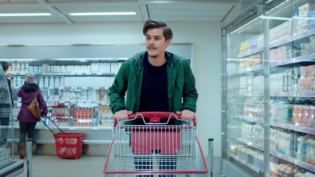 Video Reference: Shopping cart, Supermarket, Retail, Cart, Vehicle, Grocery store, Person