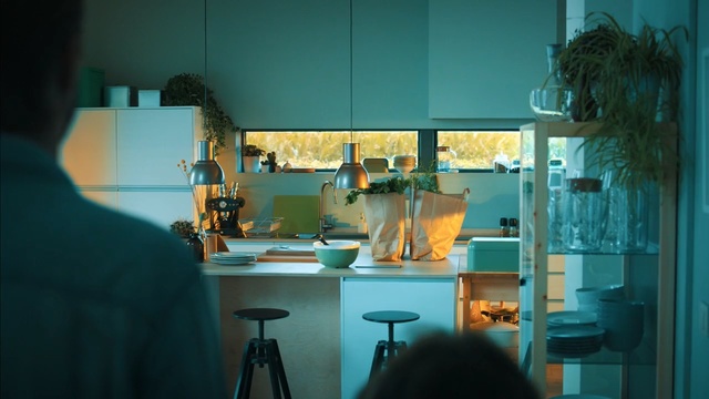 Video Reference: room, interior, table, furniture, chair, modern, home, indoors, house, kitchen, design, Person