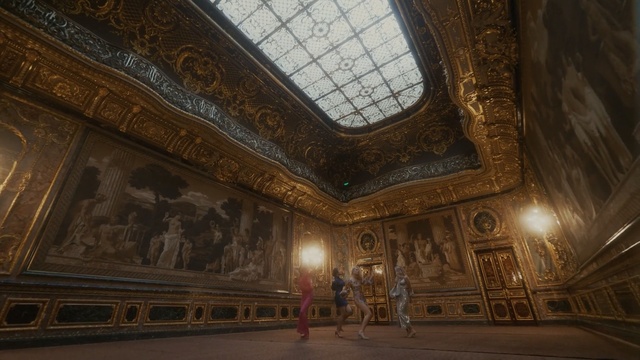 Video Reference: Holy places, Ceiling, Building, Architecture, Ballroom, Person, Train, Sitting, Clock, Old, Track, Large, Black, Standing, Table, Gold, Street, Double, White, Tall, Station, Room, Window, Man, Fire, Interior, Art
