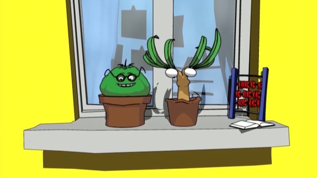 Video Reference: Cactus, Cartoon, Plant, Houseplant, Flowerpot, Illustration, Room, Succulent plant, Table, Fictional character, Person
