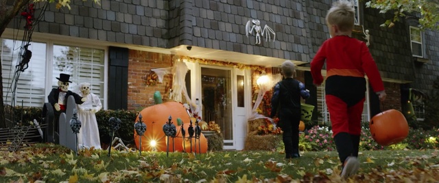 Video Reference: trick-or-treat, Pumpkin, Home, Yard, House, Tree, Building, Backyard, Lawn, Garden