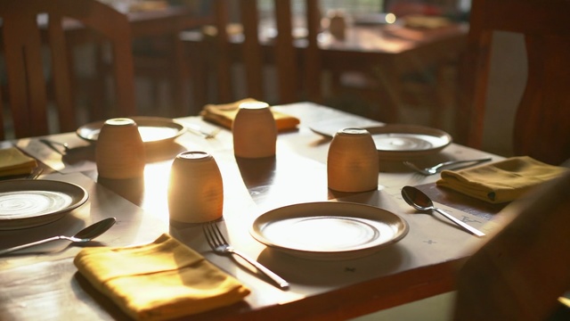 Video Reference: Table, Restaurant, Household silver, Tableware, Cutlery, Fork, Metal, Food, Person