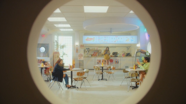 Video Reference: fisheye lens, interior design, ceiling, glass, Person