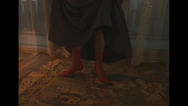 Video Reference: footwear, black, leg, foot, floor, shoe, light, flooring, girl, dress, Person