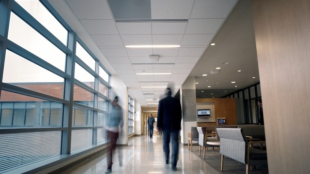 Video Reference: ceiling, architecture, lobby, daylighting, interior design, office, building, window, hall, Person