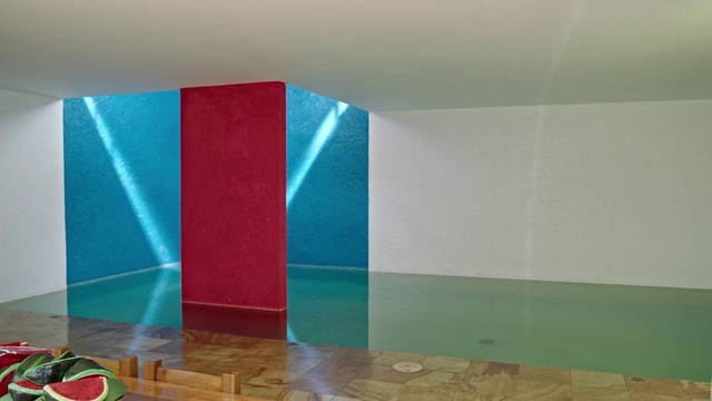 Video Reference: Floor, Wall, Turquoise, Room, Ceiling, Flooring, Architecture, Interior design, Material property, Wood