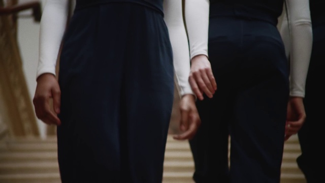 Video Reference: Dress, Clothing, Formal wear, Waist, Gesture, Fashion, Interaction, Suit, Leg, Hand, Person, Man, Standing, Indoor, Holding, Wearing, Front, Woman, Dressed, Posing, Suitcase, Black, Young, Walking, Cutting, White, Board, Shirt, Luggage, Wedding, Phone, Wedding dress, Trousers, Skirt, Bride, Smile