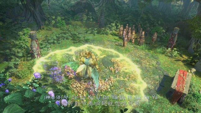 Video Reference: animated, forest, clearing, magic, glowing aura, villagers, flowers, trees, fantasy, ritual, totems, subtitles, nature, group scene, stone, cinematic